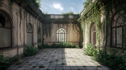 Fototapeta premium A sunlit courtyard in a forgotten city, with ivy climbing the walls and cracked tiles on the ground.