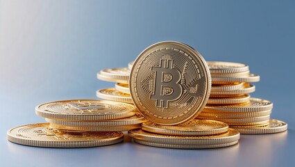 A vibrant display of playful 3D bitcoin coins stacked together against a soft blue backdrop. The shiny surfaces reflect light, enhancing their golden appeal in this creative setup