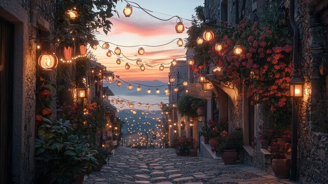 Fototapeta Sunset lights illuminate cobblestone Italian hilltop street
