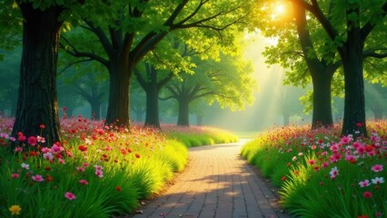 Serene Pathway Through a Sunlit Garden of Blossoming Flowers and Majestic Trees