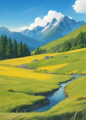 Anime Style High-Angle Shot of Stream Flowing through Green Meadow with Mountains, Blue Sky & Clouds; Landscape, Nature, Outdoors.