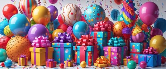 Brightly colored balloons and intricately designed gifts fill the space, creating a lively atmosphere ideal for a celebration. The playful arrangements invite joy and excitement