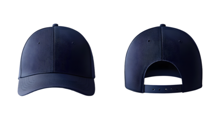 Navy blue baseball cap mockup, front and back, white background, design template