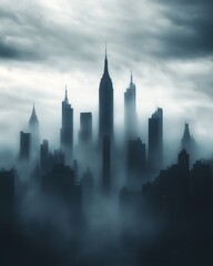 Obraz premium city skyline covered in thick fog with high-rise buildings peaks visible