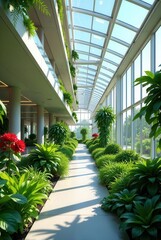 Lush Indoor Garden Pathway in Modern Building with Glass Roof and Abundant Greenery