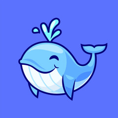 Cartoon icon vector adorable blue whale with a cheerful expression and water splash. Vector illustration.