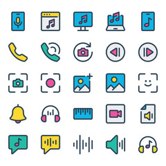 Filled color outline icons set for Audio, photography