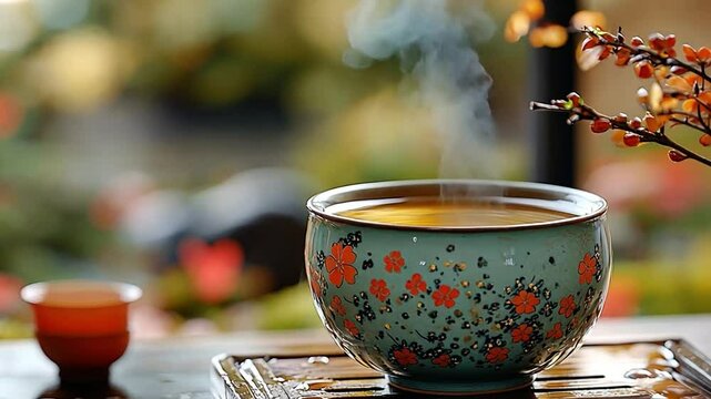Serene Tea Ceremony: A close-up captures a beautifully patterned ceramic cup filled with steaming tea, set against a soft-focus garden backdrop.