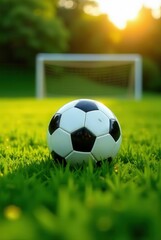 Fototapeta premium A soccer ball rests on a vibrant green field, bathed in the warm glow of the setting sun, with a blurred goal in the background, a scene of peaceful athletic potential