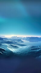 High-Angle Vertical Shot Serene Blue Mountainscape & Lake, Fantasy Landscape, Scenic, Abstract Background, Dreamscape, Tranquility.