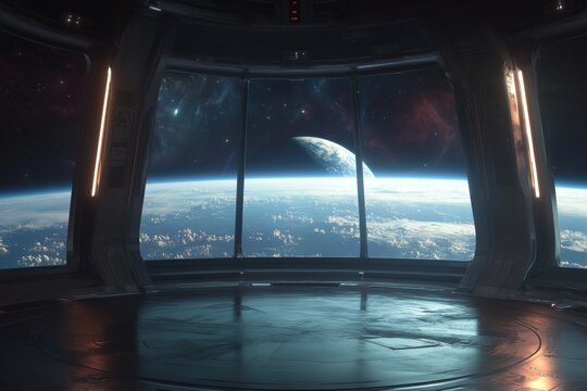 Futuristic spaceship observation deck a sleek interior with panoramic views of outer space wonders