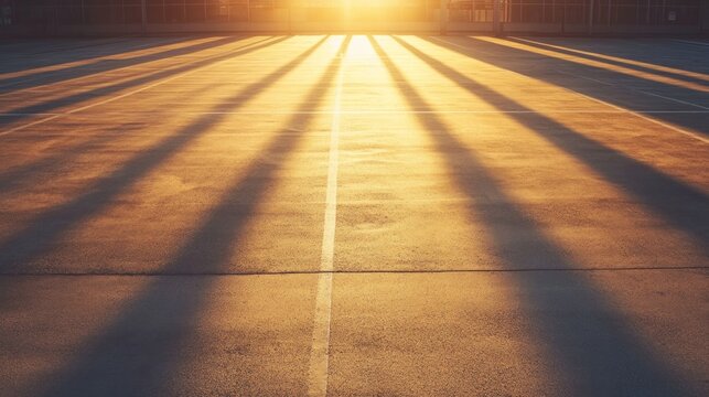 Sunlight casts long shadows on parking lot pavement
