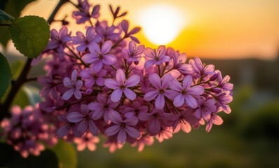 Vibrant purple flowers at sunset