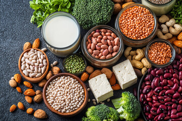 Vegan protein Plant based vegetarian food sources. Healthy eating, diet ingredients: legumes, beans, nuts, alternative milk, tofu, vegetables, seeds and sprouts. Food background