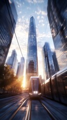 Fototapeta premium futuristic aerial tramway between skyscrapers for urban mobility