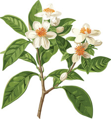 Botanical illustration, Neroli vector, isolated on transparent background, vintage flower art, floral sketch, old plant drawing, botanical design, nature-inspired graphics