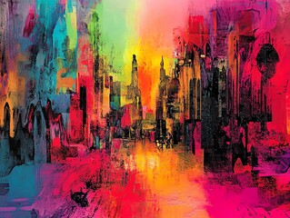 Obraz premium Vibrant abstract cityscape painting. Bold colors and expressive brushstrokes depict a dynamic urban scene. Ideal for modern interiors and design projects.