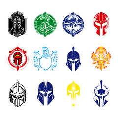 Spartan Warrior Helmet Logo Collection, Ancient Greek Gladiator Symbols, Military and Tactical Crest Designs, Bold and Powerful Emblem Set for Branding and Gaming