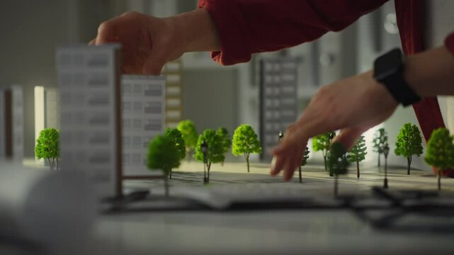 A designer carefully arranges miniature buildings and trees on a workspace, focusing on urban planning. This detailed setup illustrates concepts for future development to enhance community spaces