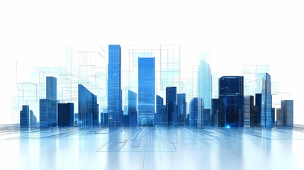 Fototapeta premium Futuristic Illuminated Cityscape With Modern Buildings And Abstract Blue Digital Lines On White Background