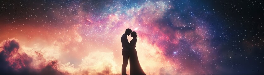 Silhouette of a couple embracing under a breathtaking, colorful night sky filled with stars and galaxies. Romantic and dreamy image perfect for love, romance, and fantasy themes.