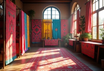 Obraz premium lavish display vibrant textile patterns illuminated natural light stunning detail, aesthetics, bright, brilliance, color, contemporary, craftsmanship