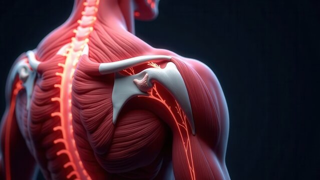 Detailed anatomical rendering of the human back and shoulder, showcasing intricate muscle structure and vascular system.