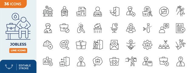Jobless line editable icon set. Contains icons related to jobless, firing, retirement, and more. Editable stroke. Vector illustration