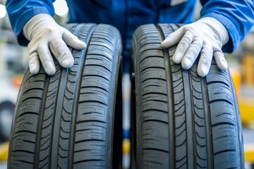 Mechanic holding new tires in garage with gloved hands and soft blue lighting for depth effect