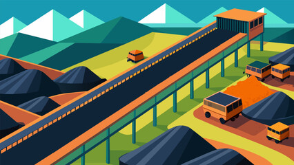 An aerial view of a coal yard filled with rows and rows of open hoppers each being filled with coal by a conveyor belt system.. Vector illustration