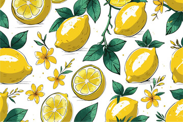 Whimsical hand-drawn lemons with leaves and flowers in modern sketch style on white background for summer botanical design  
