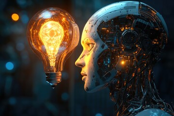 A robotic head gazes at a glowing lightbulb, symbolizing artificial intelligence and innovation.
