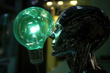Fototapeta premium A metallic robot head gazes intently at a glowing green light bulb, symbolizing artificial intelligence and innovation.