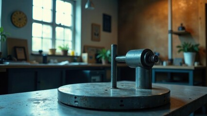 A weathered metallic apparatus, featuring a circular base and a vertical lever, rests on a worn work surface within a dimly lit workshop environment