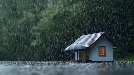 Miniature House With Warm Light In Window During Heavy Rainstorm In Dark Forest At Night With Water Accumulation And Blurred Background