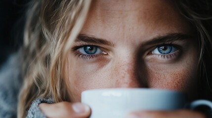 Woman Drinking Coffee Mug Close Up Portrait Peaceful Introspective