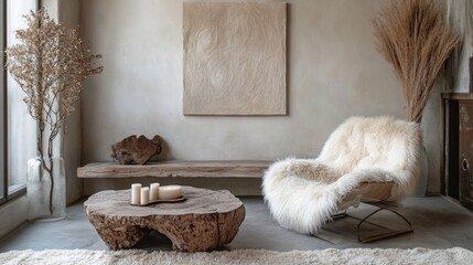  A cohesive interior design style with neutral color palette, minimalist, textural elements. Generative AI