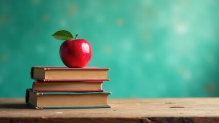 A red apple rests atop a stack of vintage books against a teal backdrop, symbolizing knowledge, learning, and the pursuit of education