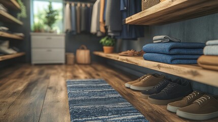 Modern Walk-in Closet with Wooden Shelves