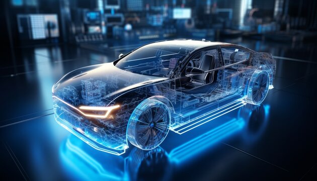 Futuristic transparent car showcasing glowing circuit board against high tech digital interface - Powered by Adobe