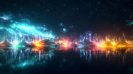 Obraz premium Panoramic View Of Futuristic City At Night Glowing Neon Orange Green And Blue Lights Reflected In Water With Digital Nebula Clouds And Stars