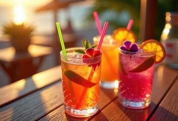 vibrant cocktails colorful glassware adorned eye catching garnishes refreshing inviting experience, drink, beverage, ice, shaker, bar, mixture, refreshment