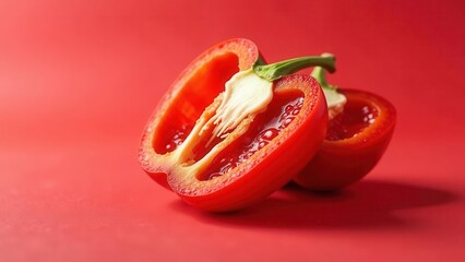 Close-up view of vibrant red bell peppers, halved and showcasing their juicy, seed-filled interiors, set against a matching red backdrop.