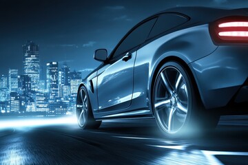 Obraz premium High-Speed Car Racing on Urban Expressway at Night with City Lights in the Background