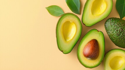 Fresh avocados, halves, leaves