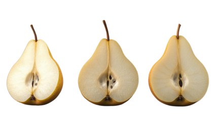 "Fresh pear slices, separated and isolated on a transparent surface.