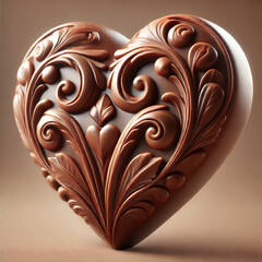 An exquisite chocolate heart with a luxurious bas-relief pattern of swirling ornaments and leaves