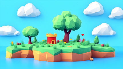 Low Poly Island Landscape with Red House and Green Trees
