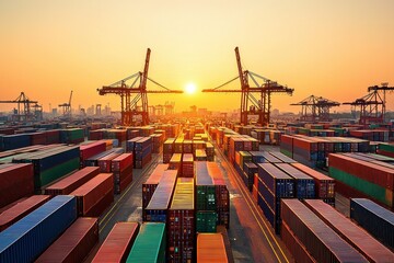 Sunrise Over Freight Transportation Hub with Cargo Containers and Cranes
