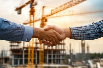 Business Professionals Shaking Hands at Construction Site with Cranes in Background